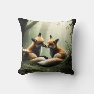 Fox Cuddle in Misty Forest  Cushion