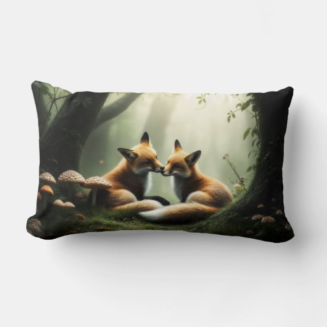 Fox Cuddle in Misty Forest  Lumbar Cushion (Front)