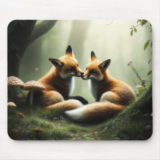 Fox Cuddle in Misty Forest  Mouse Pad (Front)