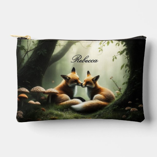 Fox Cuddle in Misty Forest Personalised  Accessory Pouch (Front)