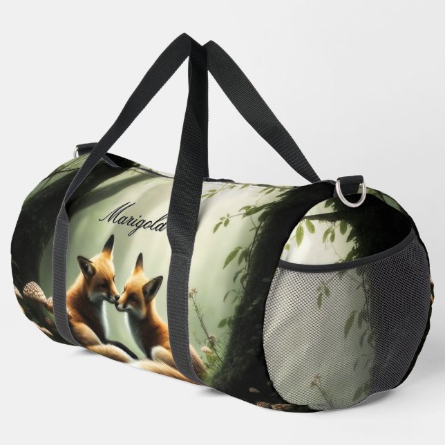 Fox Cuddle in Misty Forest Personalised  Duffle Bag (Right Corner)