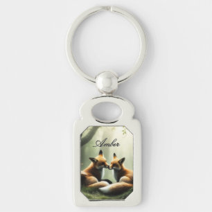 Fox Cuddle in Misty Forest Personalised Key Ring
