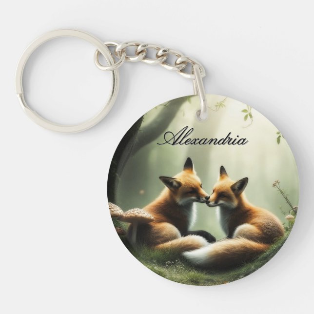 Fox Cuddle in Misty Forest Personalised  Key Ring (Front)