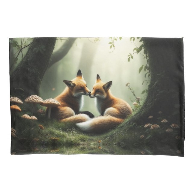 Fox Cuddle in Misty Forest  Pillowcase (Front)