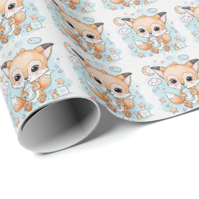 Fox Cute Baby Pastel Watercolor Pattern  Wrapping Paper (Roll Corner)
