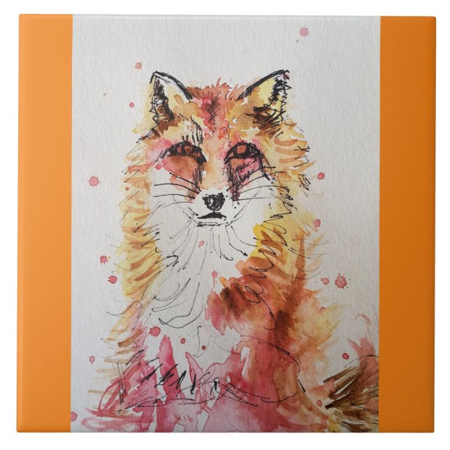 Fox Cute Red Watercolor Painting Art  Ceramic Tile (Front)