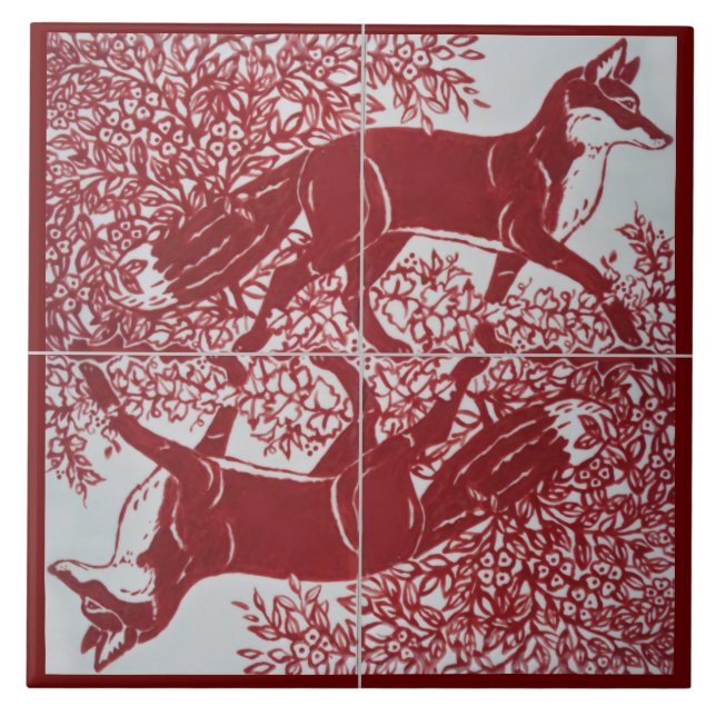 Fox Dark Red White Illustration CeramicTile Mural Ceramic Tile (Front)