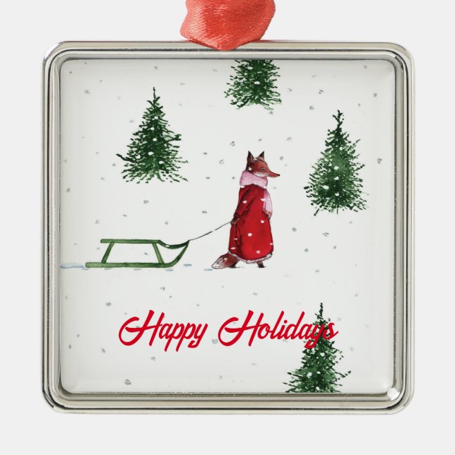 Fox dashing through the snow winter illustration  metal ornament (Front)