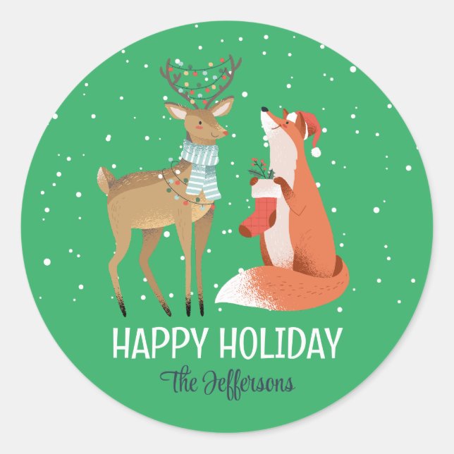 Fox Deer Snowy Winter Holiday Christmas Animal Classic Round Sticker (Front)
