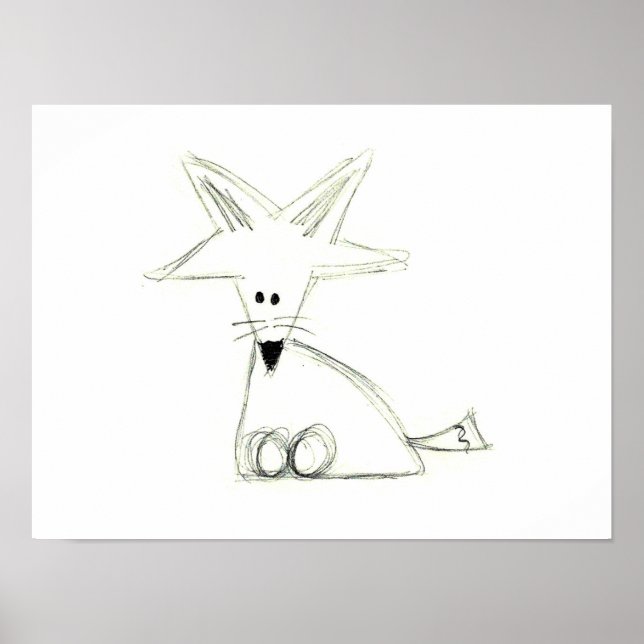 fox doodle black white grey simple kids drawing poster (Front)