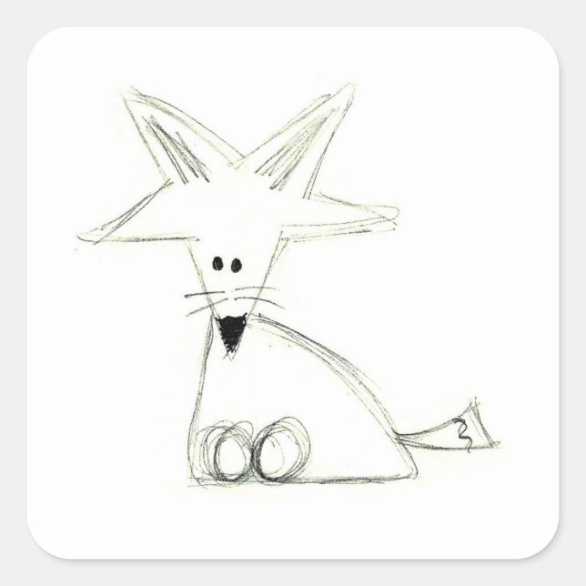 fox doodle black white grey simple kids drawing square sticker (Front)