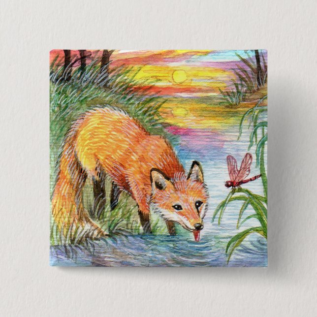 Fox Drinking by Riverside 15 Cm Square Badge (Front)