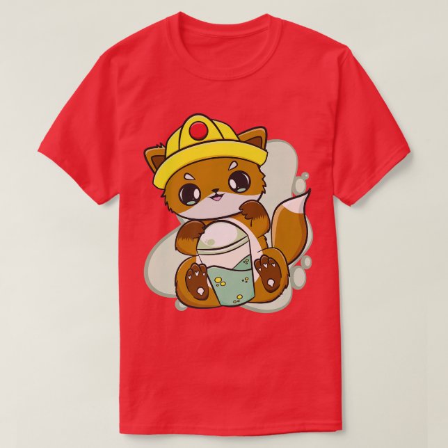 Fox Drinks Boba Bubble Tea For Construction Worker T-Shirt (Design Front)