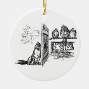 Fox Eavesdropping on Chickens Ceramic Ornament