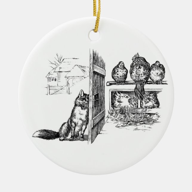Fox Eavesdropping on Chickens Ceramic Ornament (Front)