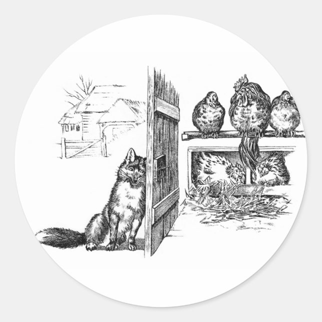 Fox Eavesdropping on Chickens Classic Round Sticker (Front)