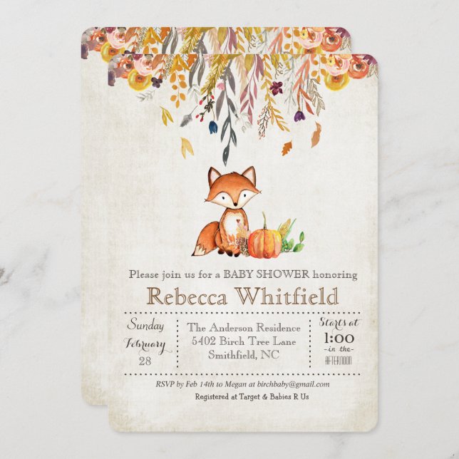 Fox Fall Leaves Pumpkin Baby Shower Invitation (Front/Back)
