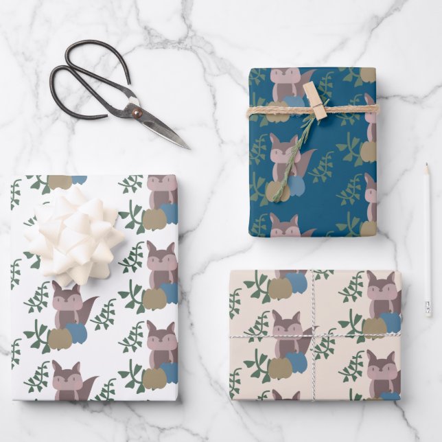 Fox Fall Pumpkins Blue Beige Boho  Wrapping Paper Sheet (Front)