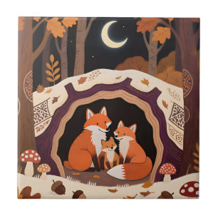 Fox Family Autumn Forest Den Ceramic Tile
