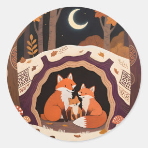 Fox Family Autumn Forest Den Classic Round Sticker
