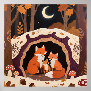 Fox Family Autumn Forest Den Poster