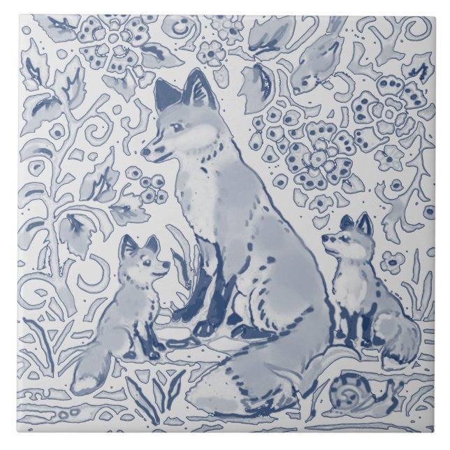 Fox Family Denim Blue White / Grey Woodland Ceramic Tile (Front)
