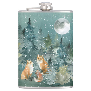 Fox Family Forest Full Moon Snowfall Hip Flask