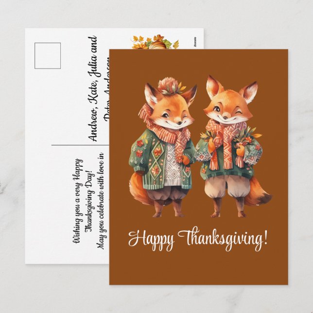 Fox Family Happy Thanksgiving Holiday Postcard (Front/Back)