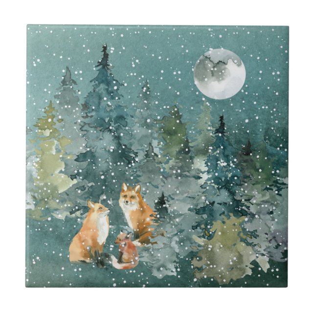 Fox Family in Forest Full Moon Snowfall Ceramic Tile (Front)