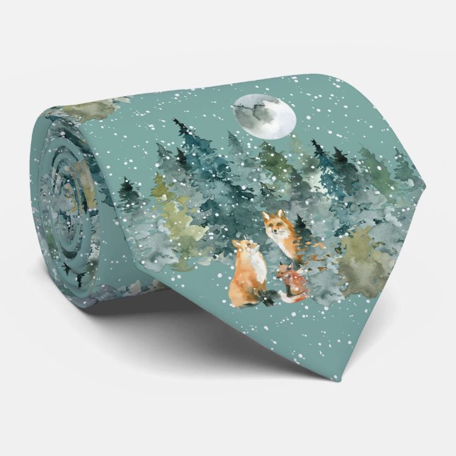 Fox Family in Forest Full Moon Snowfall Christmas Tie (Rolled)