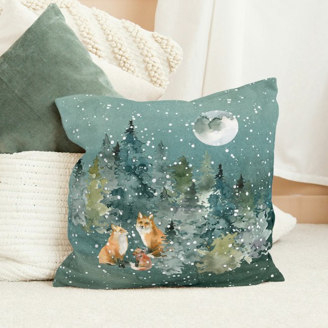 Fox Family in Forest Full Moon Snowfall Cushion (Fox Family in Forest Full Moon Snowfall Christmas Throw Pillow)