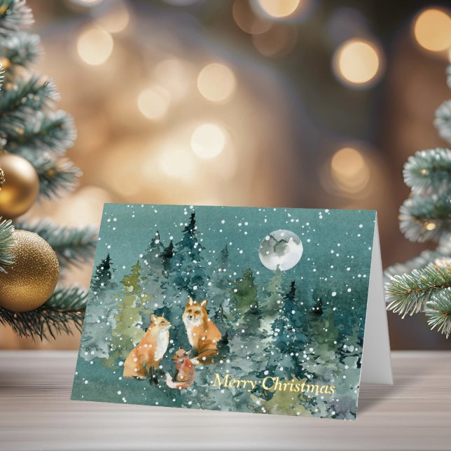 Fox Family in Forest Full Moon Snowfall Foil Greeting Card (Fox Family in Forest Full Moon Snowfall Foil Greeting Card)