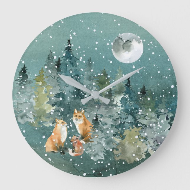 Fox Family in Forest Full Moon Snowfall Large Clock (Front)