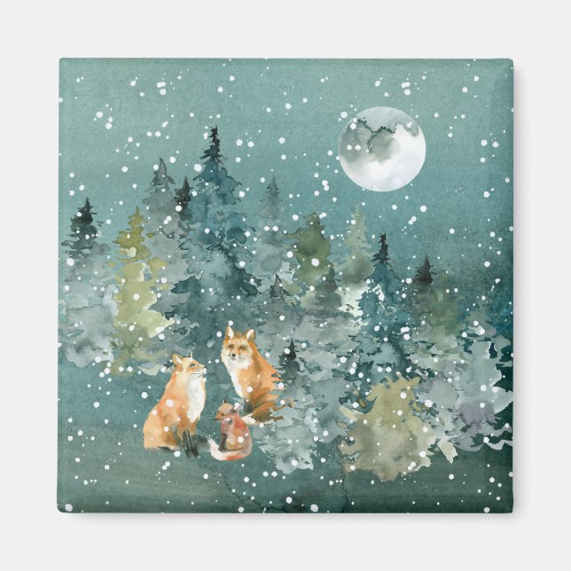 Fox Family in Forest Full Moon Snowfall Magnet (Front)