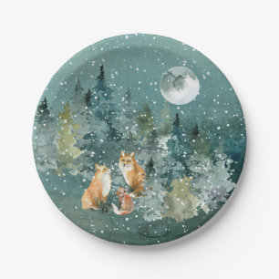 Fox Family in Forest Full Moon Snowfall Paper Plate