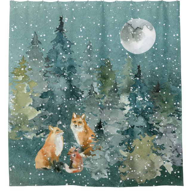 Fox Family in Forest Full Moon Snowfall Shower Curtain (Front)