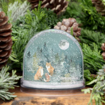 Fox Family in Forest Full Moon Snowfall Watercolor