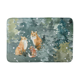 Fox Family in Forest Snowfall Bath Mat
