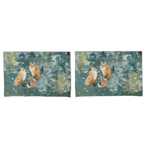 Fox Family in Forest Snowfall Pillowcase