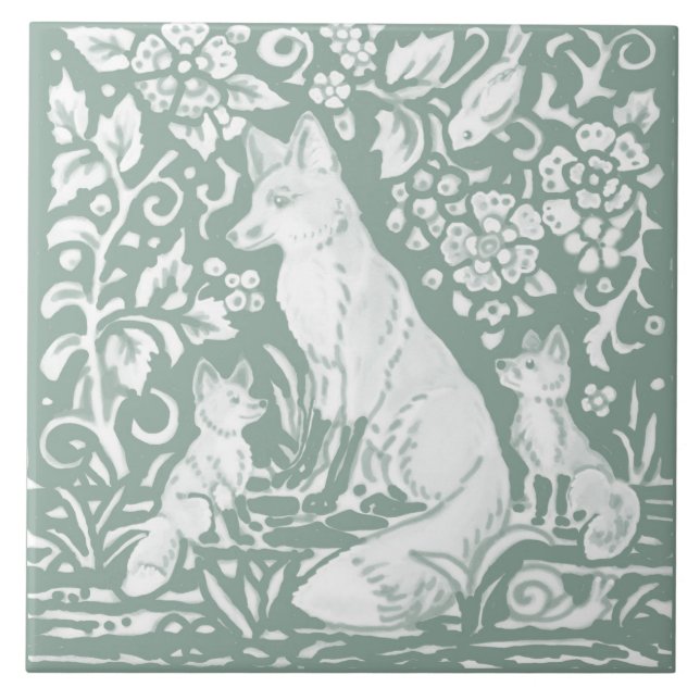 Fox Family Sage Green Woodland Forest Foliage Ceramic Tile (Front)
