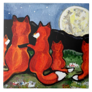 Fox Family Watching Moon Dark Blue 6" Tile Trivet