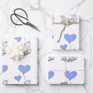 Fox Family With Blue Heart Balloons Wrapping Paper Sheet