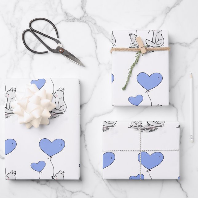 Fox Family With Blue Heart Balloons Wrapping Paper Sheet (Front)