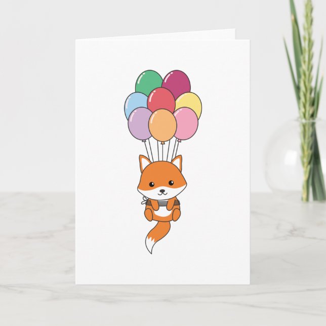 Fox Flies Up With Colourful Balloons Card (Front)
