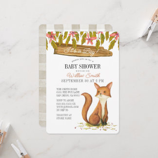 Fox Floral Wood Sign Fall/Autumn Boy Baby Shower Invitation