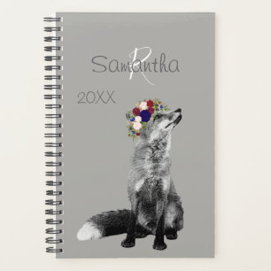 Fox Flower Crown Black White Animal Monogram Planner