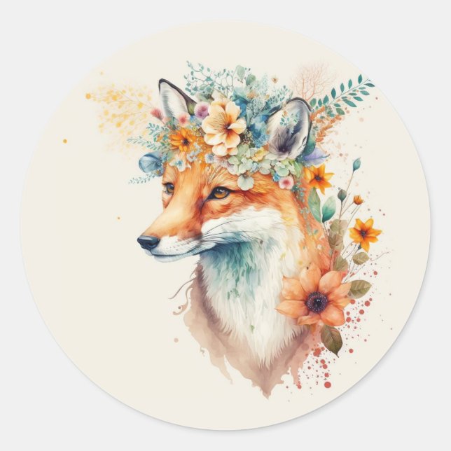 Fox Flower Crown Watercolor         Classic Round Sticker (Front)