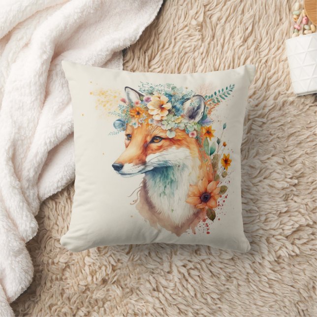Fox Flower Crown Watercolor                      Cushion (Blanket)