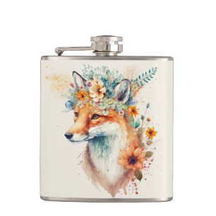 Fox Flower Crown Watercolor Hip Flask