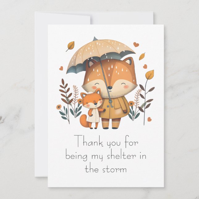 Fox Friends Sharing an Umbrella in the Rainy Day Thank You Card (Front)